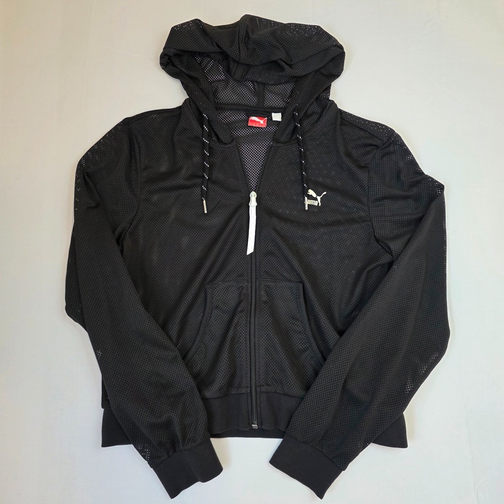 black Puma mesh hooded zip-front athletic Large jacket
